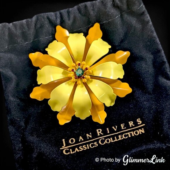 Vintage Joan Rivers Large Orange & Yellow Layered Enamel Flower Brooch - Picture 1 of 10